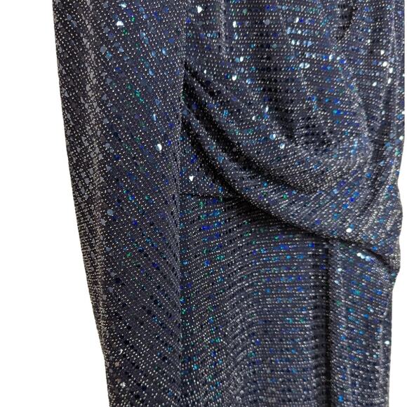 Talbot Runhof Rosin Metallic Navy Draped Gown V-Neck Cape Sleeve 6 36 Preowned - Picture 6 of 14